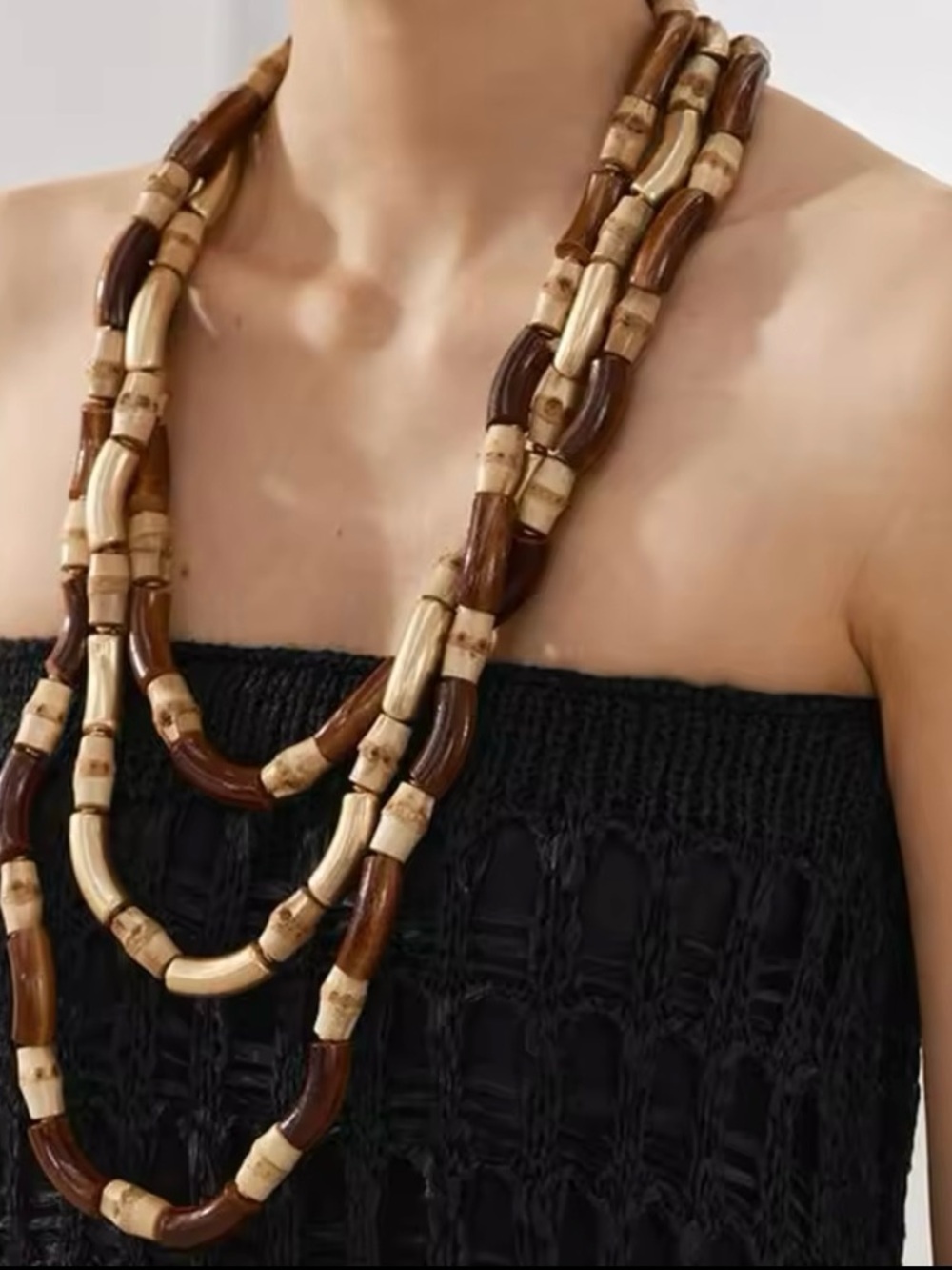 Zara Layered Brown & Cream Bamboo Bead Necklace new